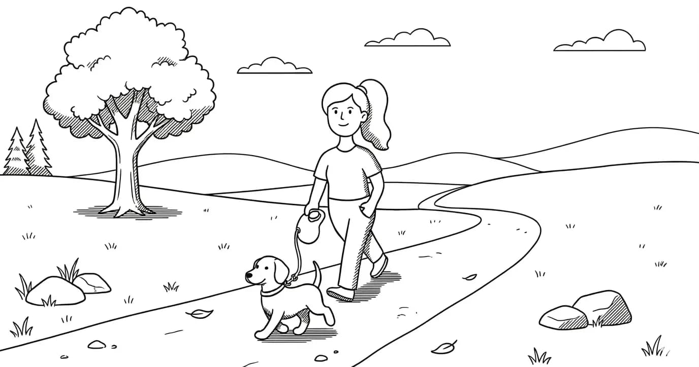 A pet sitter walking a dog along a path past a tree